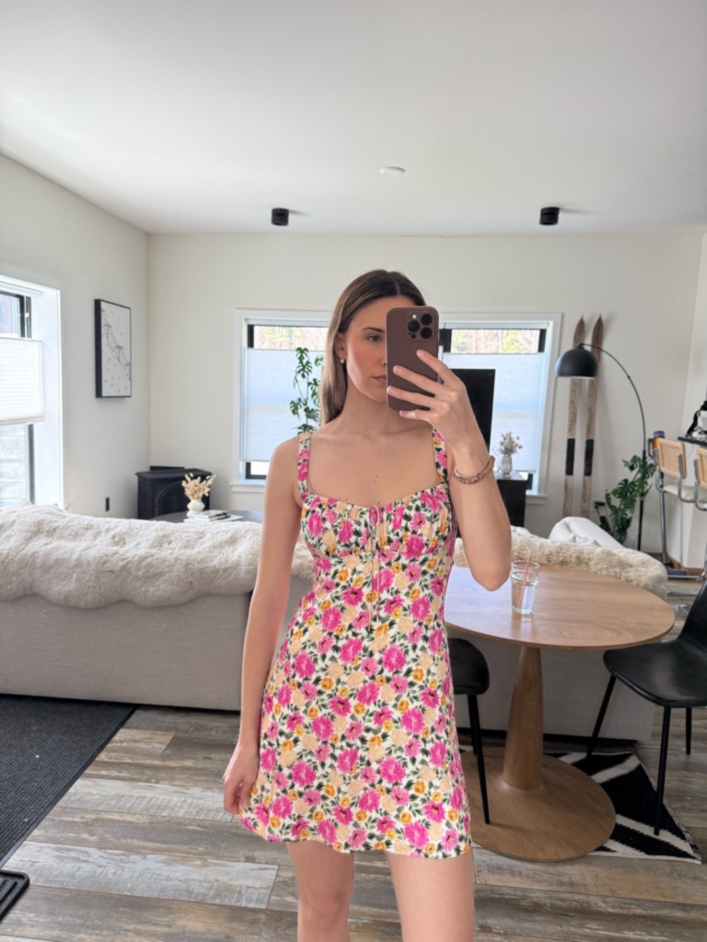 For Love & Lemons Pink Floral Square-Neck Mini Dress